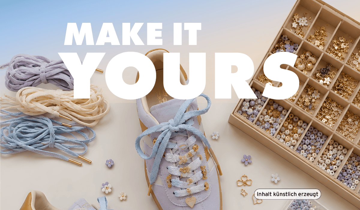 A sneaker with pastel laces and golden charms beside a box of beads and charms, with the text "MAKE IT YOURS" overlaid.
