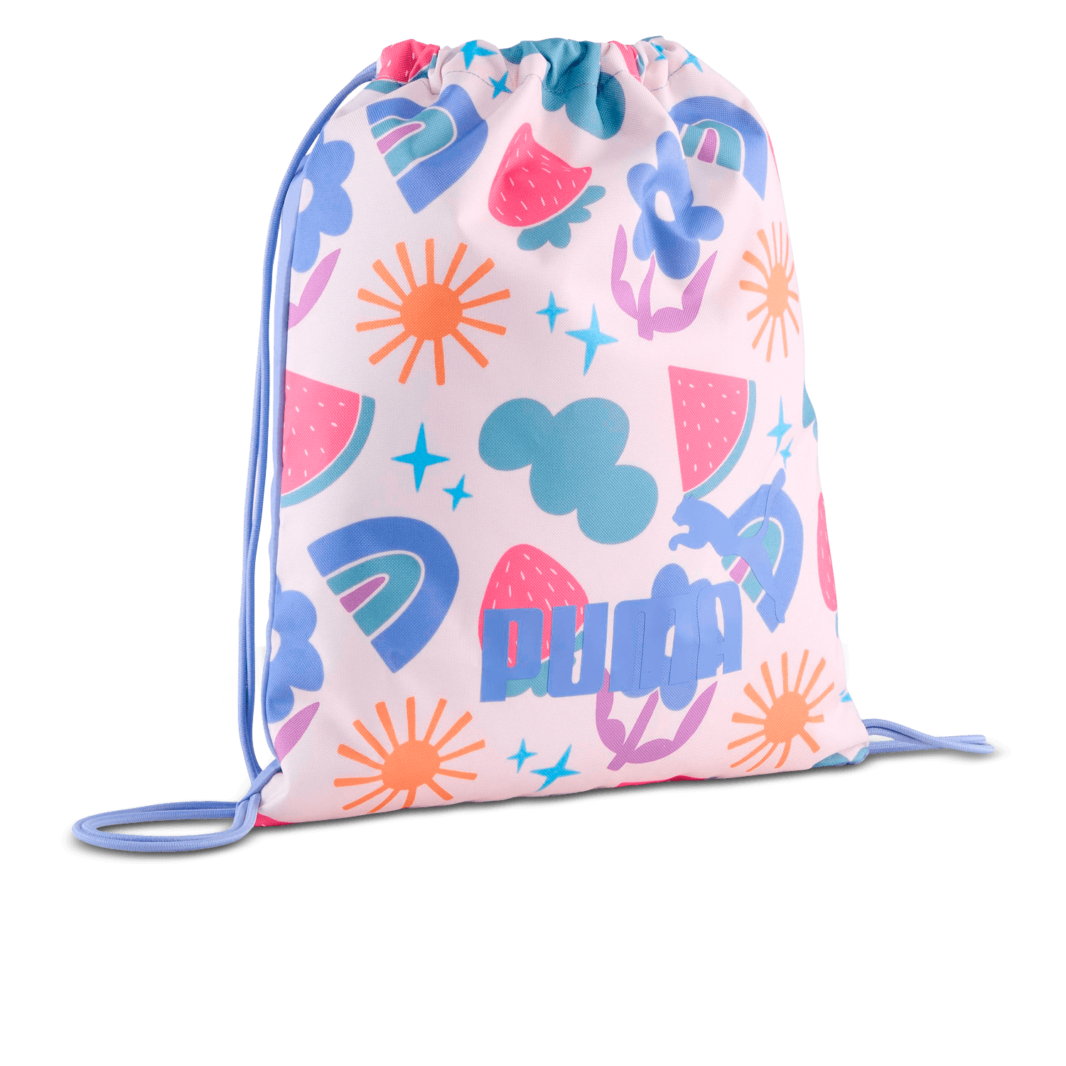 Colorful drawstring bag with playful designs including suns, clouds, strawberries, and rainbows. The brand name is prominently displayed.