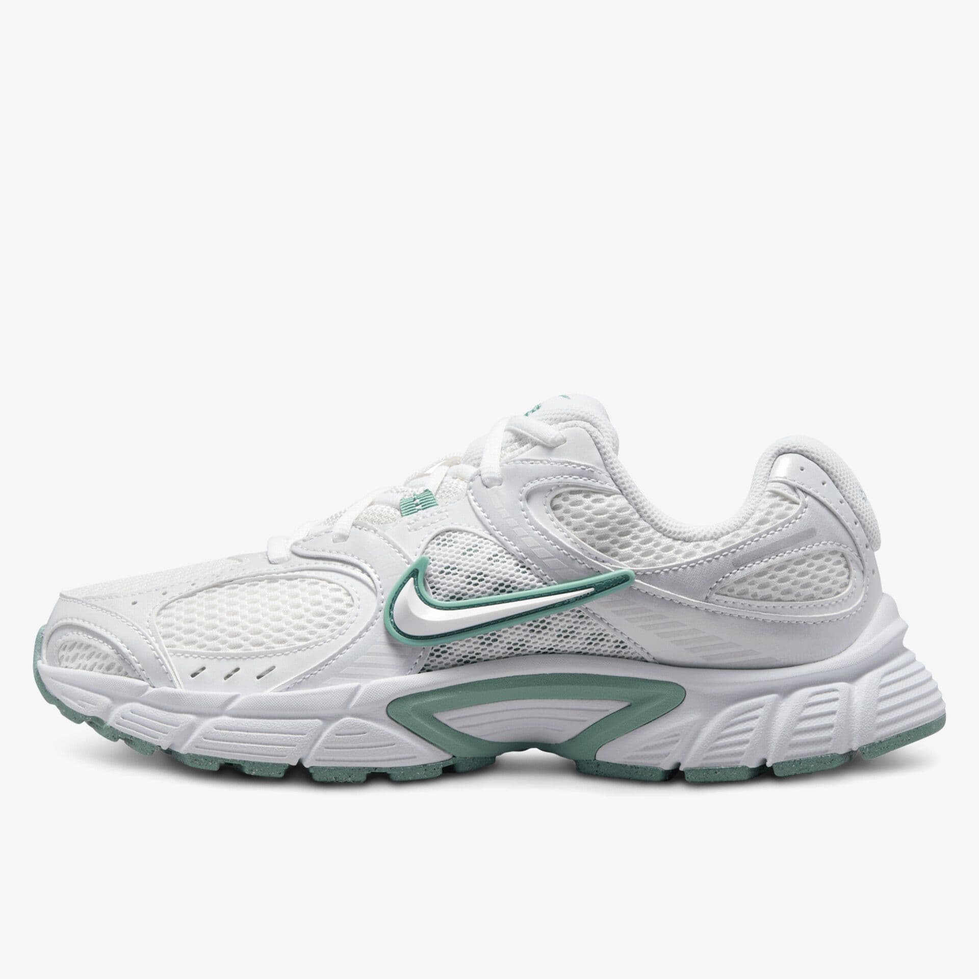 White mesh sneaker with green accents, featuring a prominent swoosh logo, textured sole, and lace-up design on a plain white background.