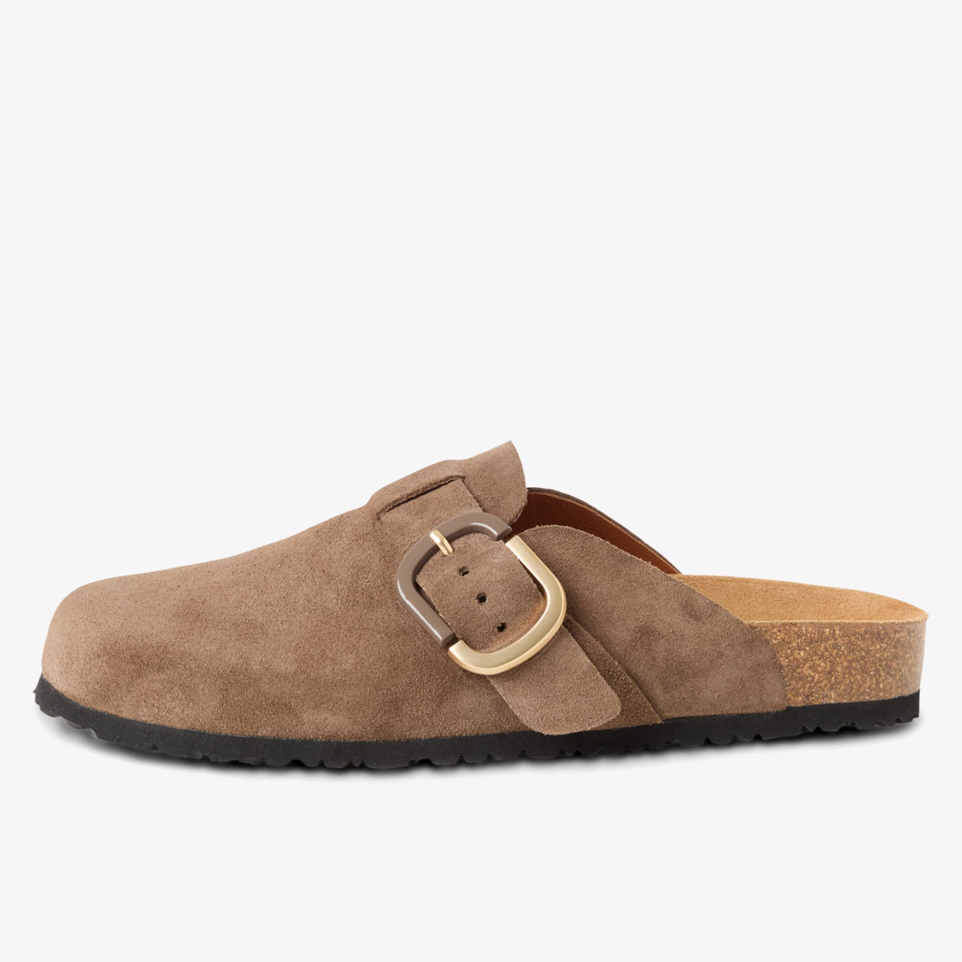 Brown suede clog with a large buckle on the side and a black rubber sole, shown against a plain white background.