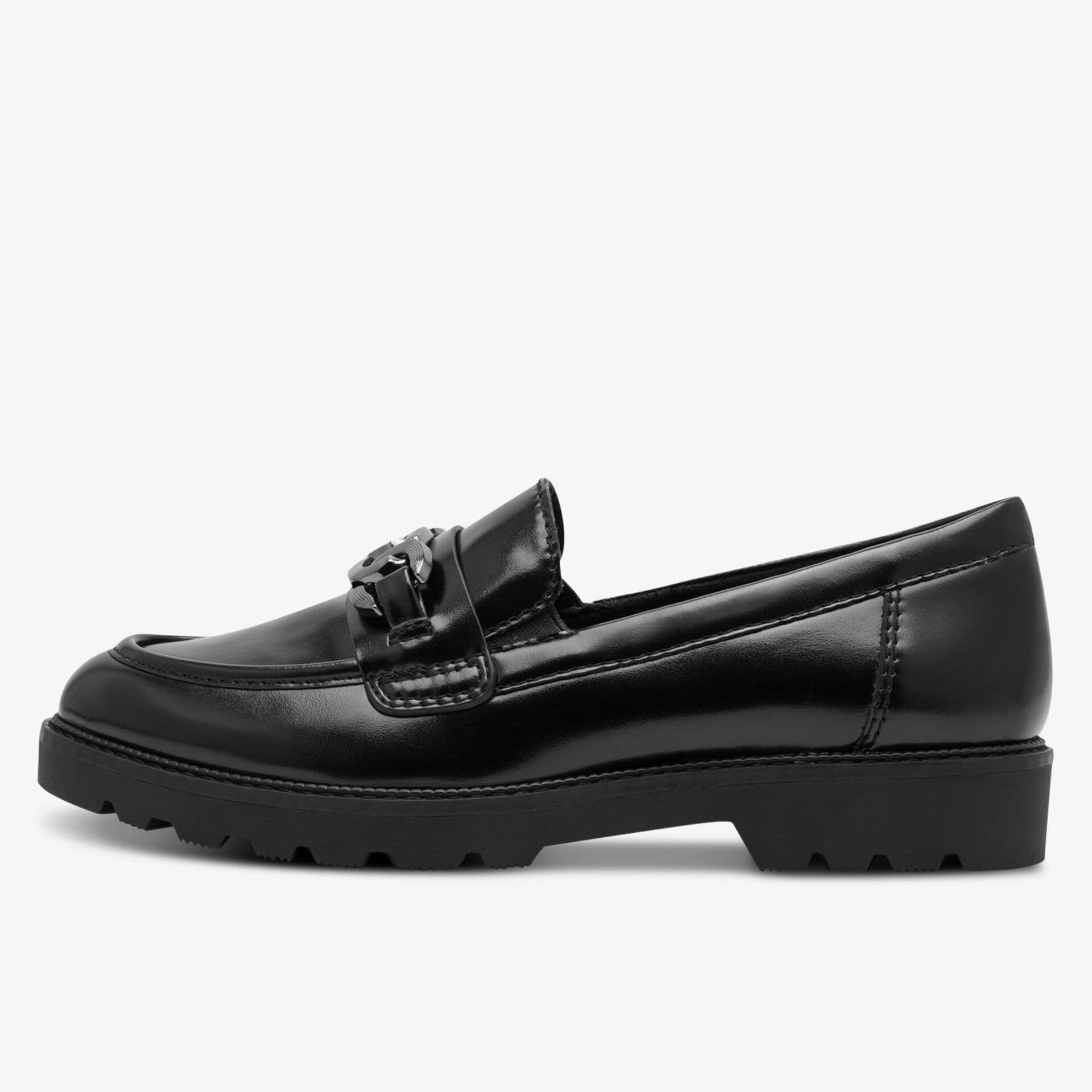 Black leather loafer with a chunky sole and decorative buckle detail, shown on a plain white background.
