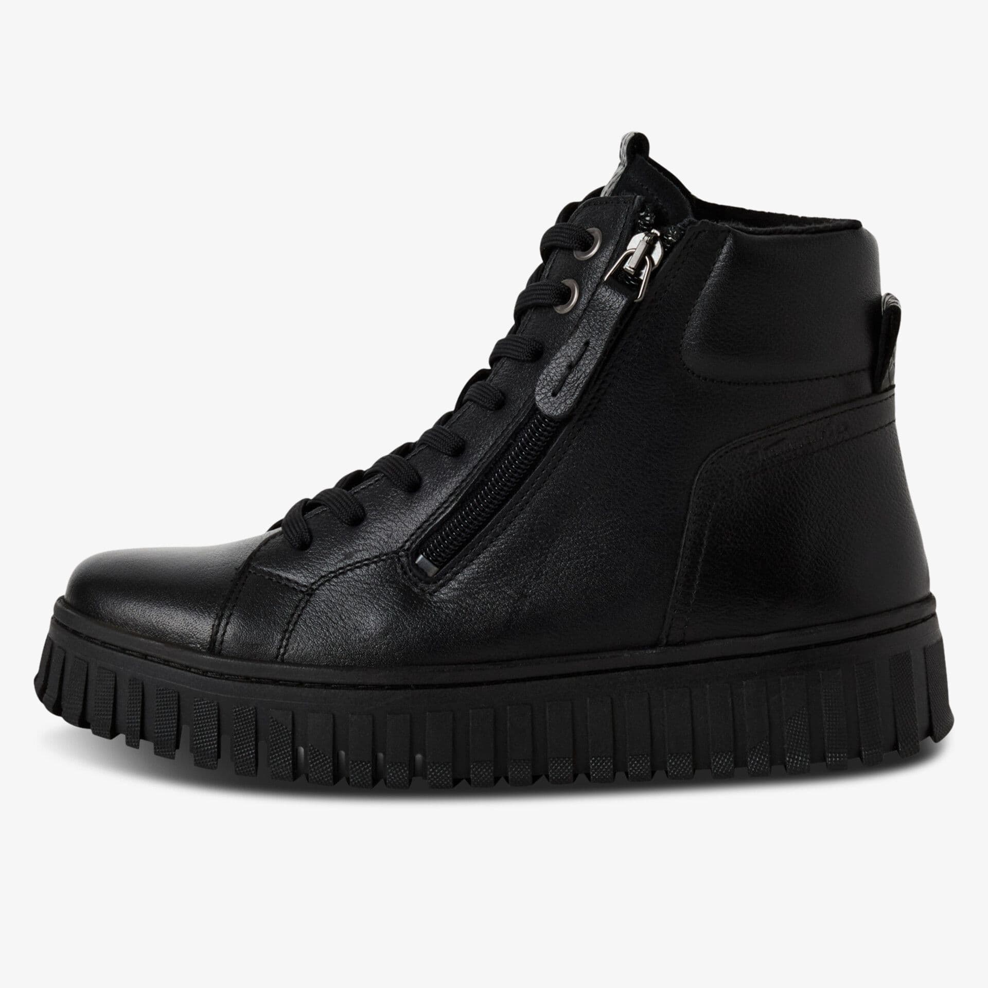 Black high-top sneaker with side zipper, lace-up front, and textured sole on a white background.