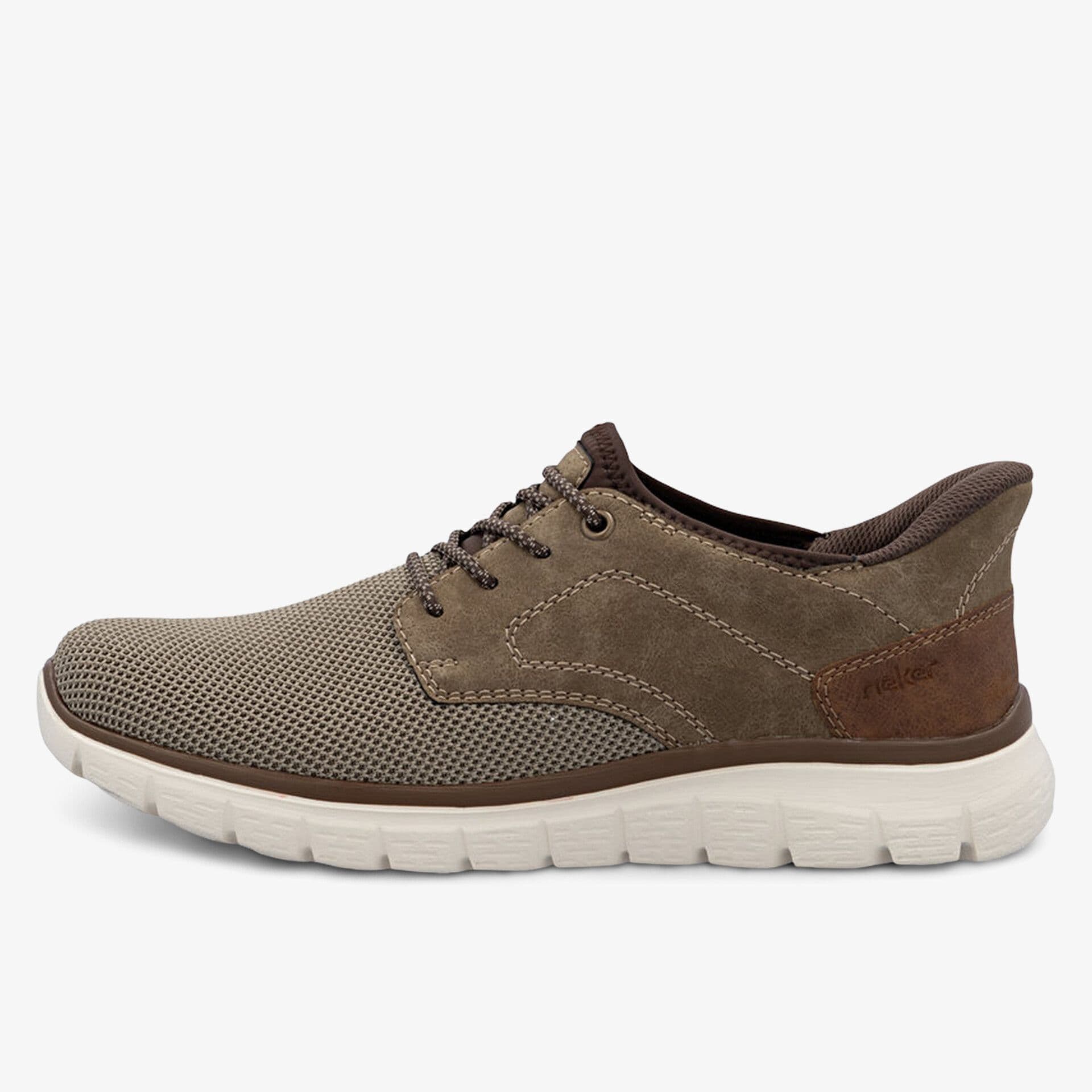 Brown casual sneaker with a textured upper, lace-up design, and a white cushioned sole on a plain white background.