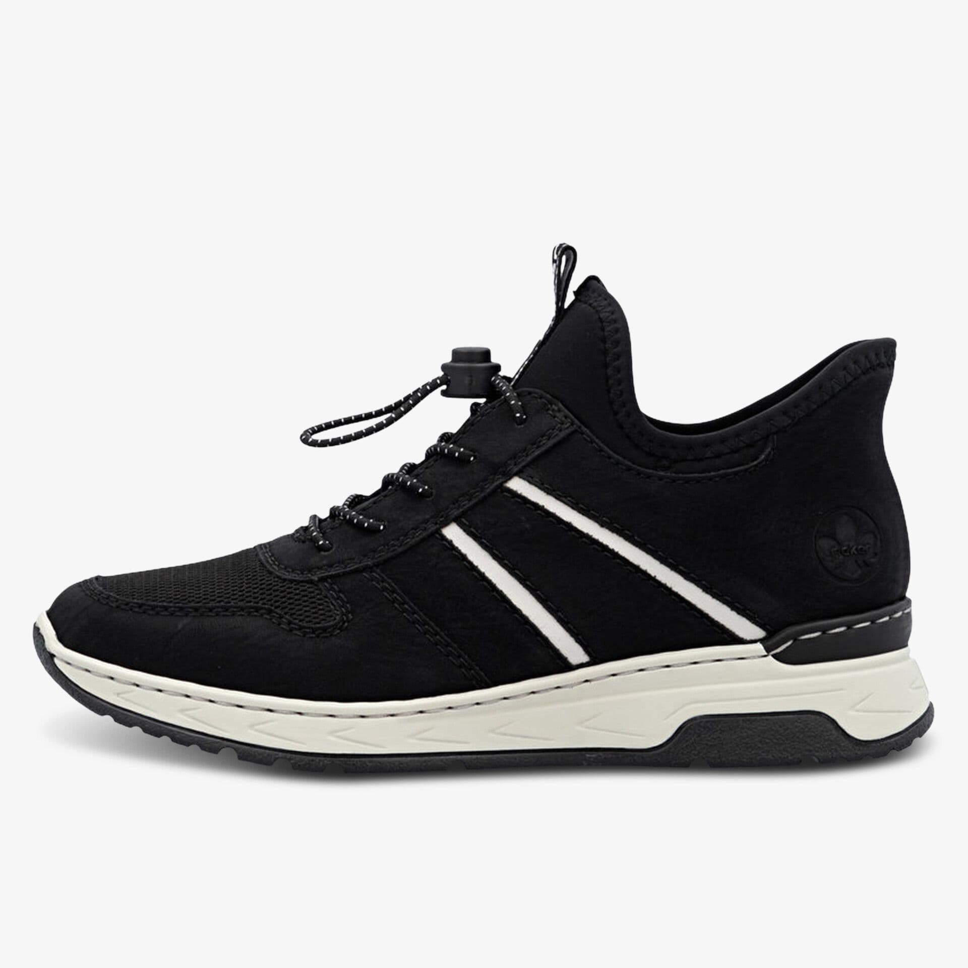 Black athletic shoe with white accents, featuring a lace-up design and a thick, cushioned sole. Logo on the side.