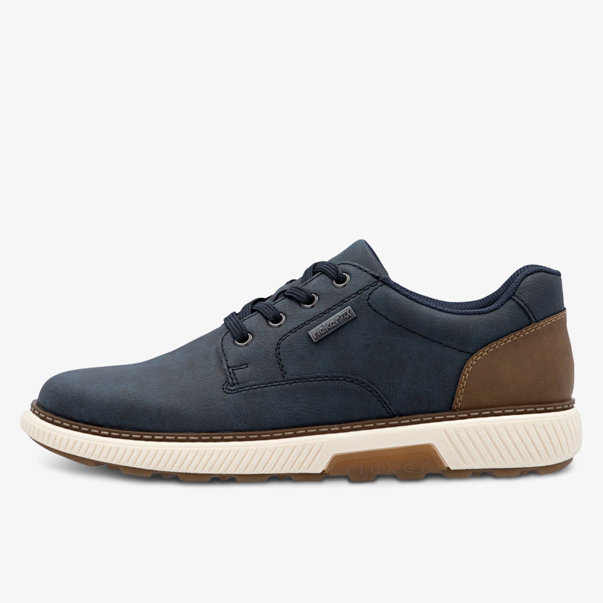 Dark blue casual shoe with brown heel accent, beige textured sole, and black laces, shown in a side profile on a white background.