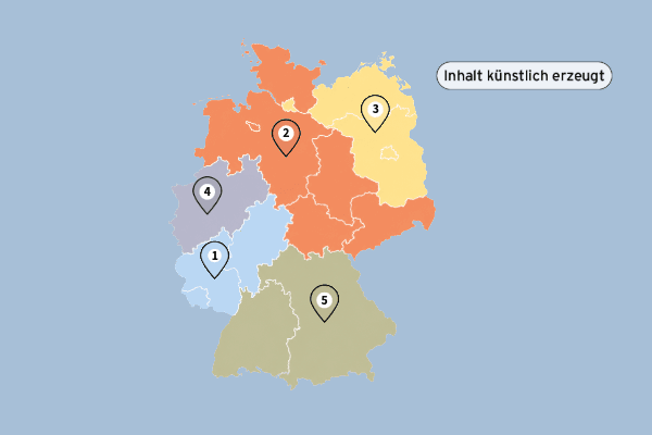 Map of Germany divided into five colored regions, each marked with a numbered location pin from 1 to 5.