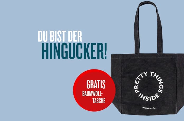 Werbefoto, das eine schwarze Tragetasche mit dem Schriftzug „Pretty Things Inside“ zeigt, sowie ein Tamaris-Angebot für Newsletter-Abonnenten bewirbt.