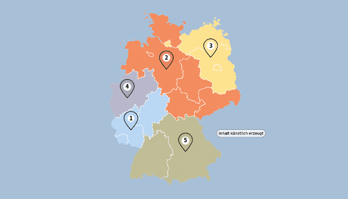 Deutschlandkarte mit fünf farblich markierten Regionen und Standortmarkierungen.