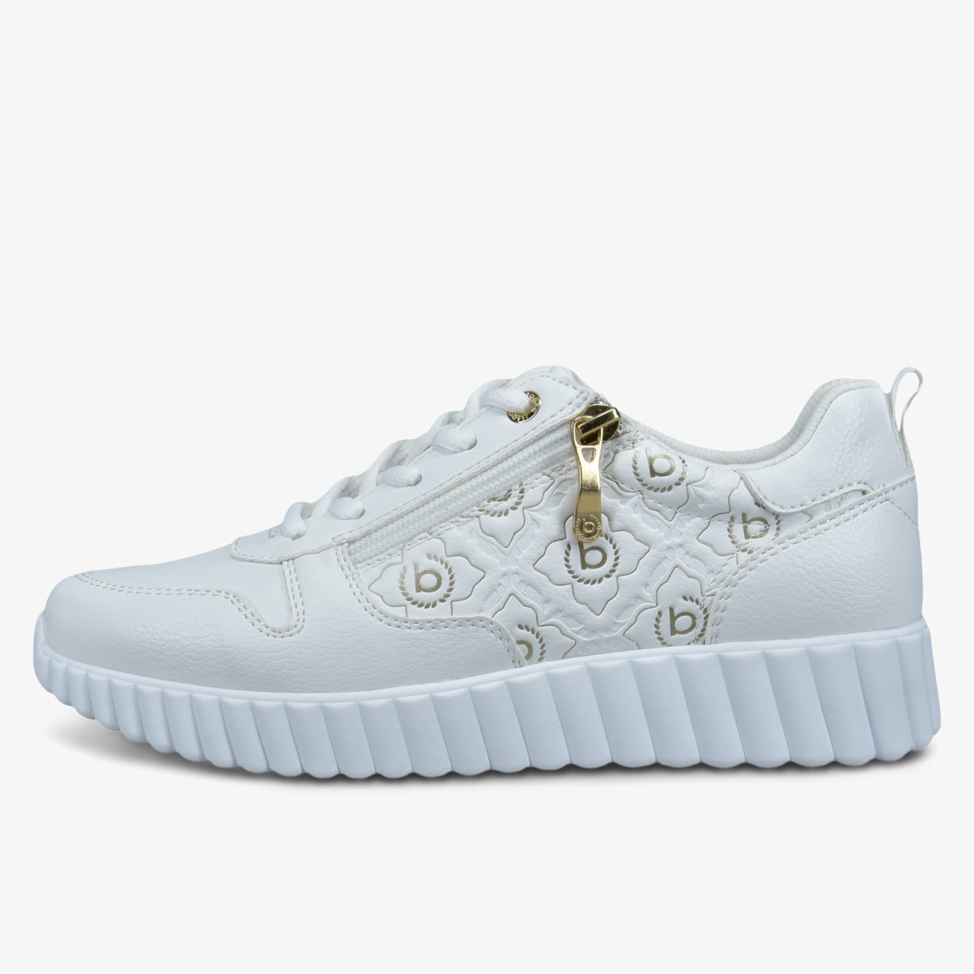 Weißer Sneaker mit strukturiertem Design und goldfarbenem Reißverschluss. Modischer Look und bequeme Sohle.