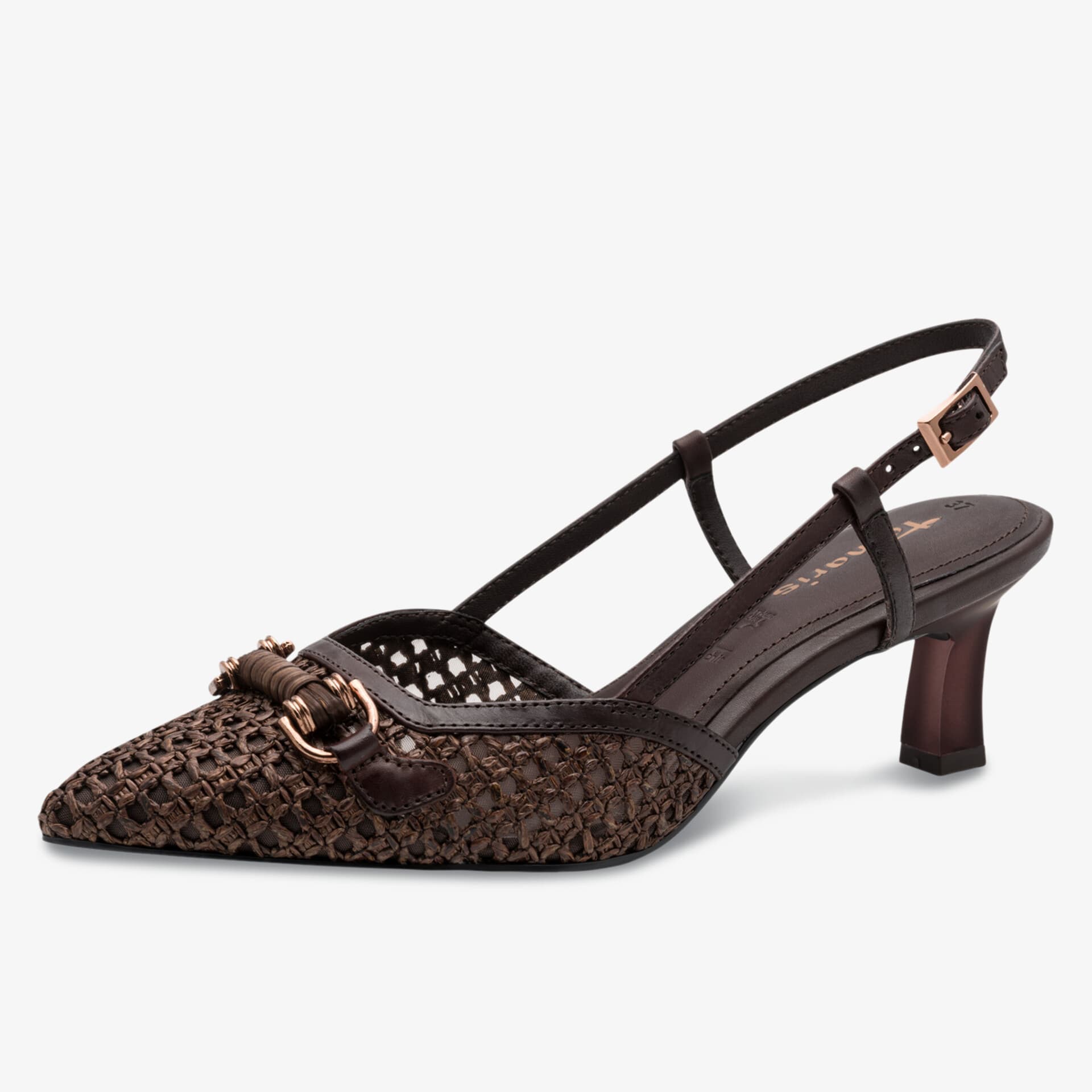 Eleganter Pumps mit spitzer Form, feinem Muster, mittelhohem Absatz und verstellbarem Riemen