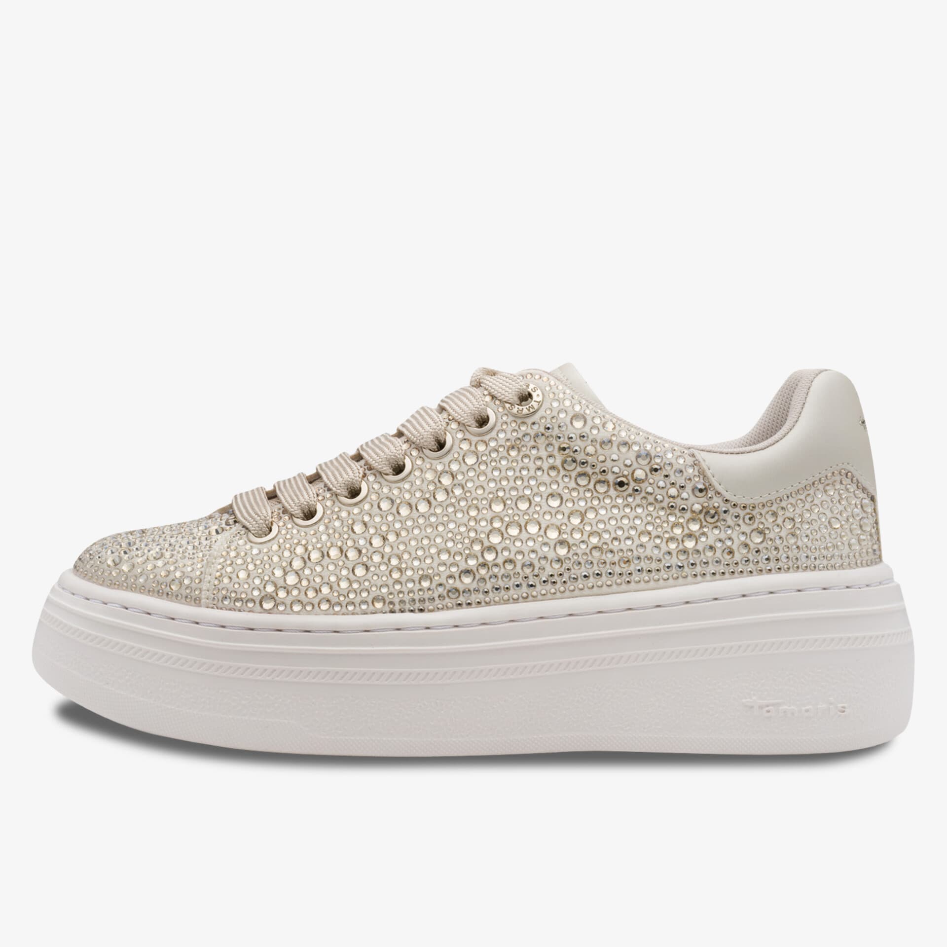 Seitlich abgebildeter modischer Sneaker mit Plateausohle und glitzerndem Obermaterial, bequem und stylisch