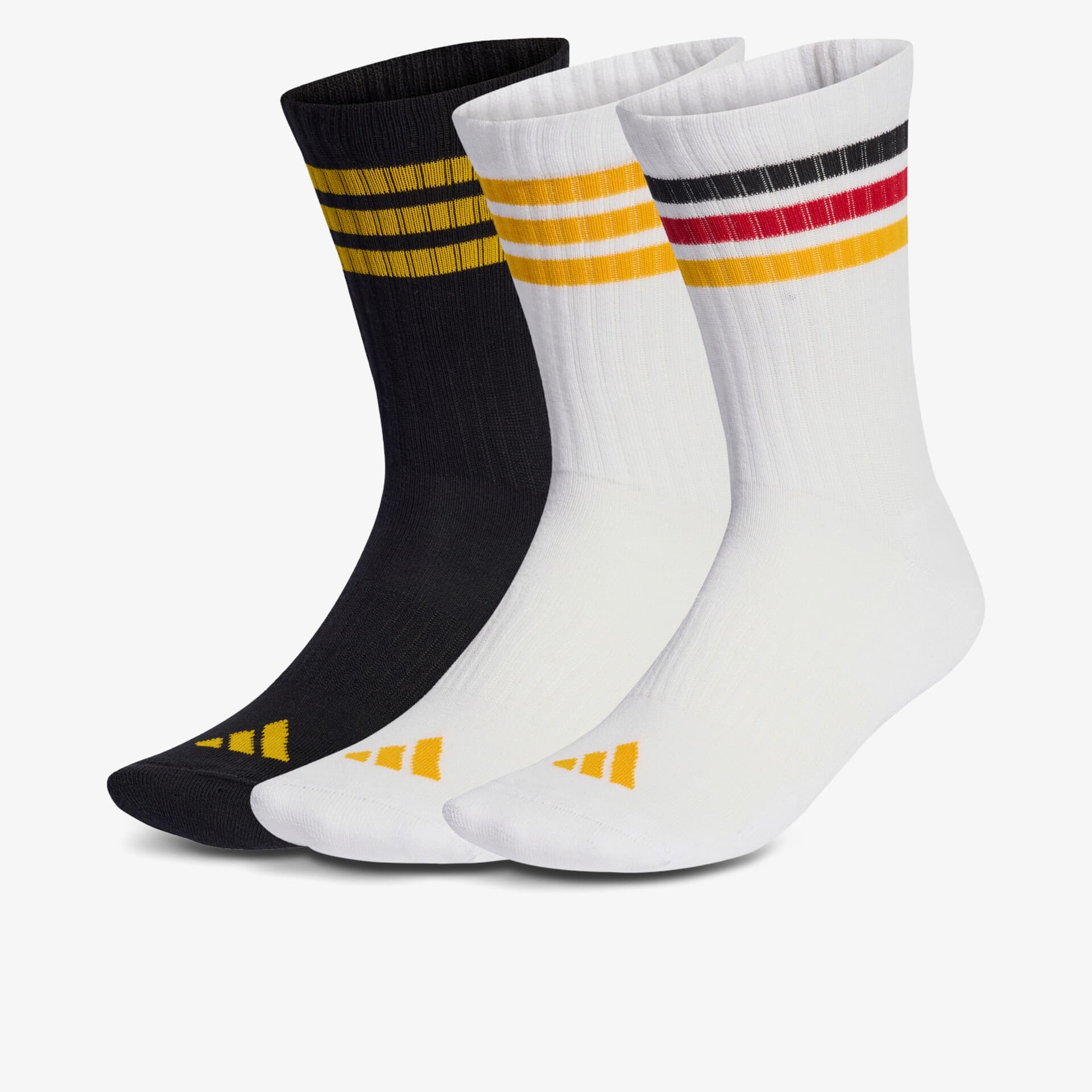 Drei Paar bequeme sportliche Socken mit geripptem Bund in Schwarz, Weiß und Weiß mit Streifen