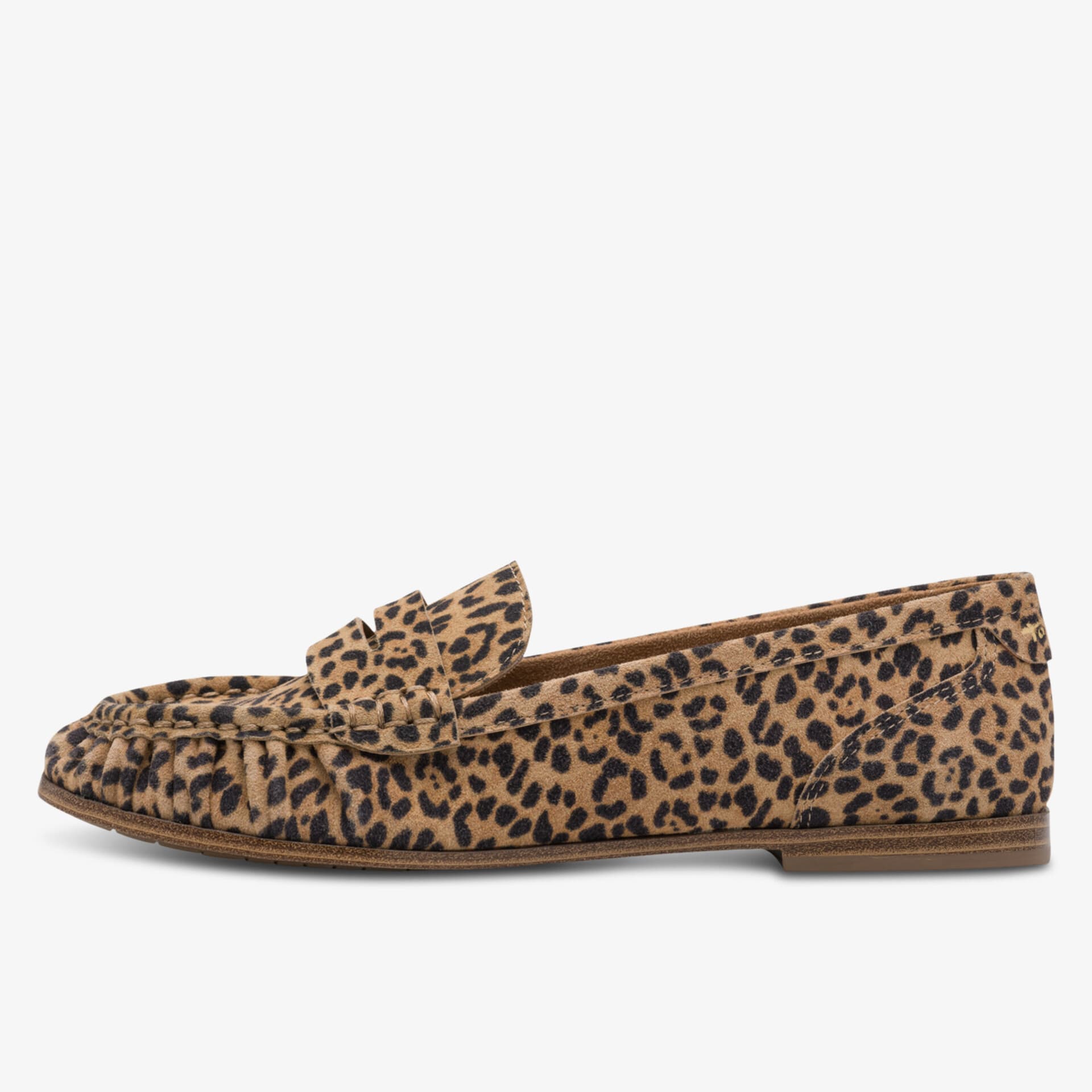 Seitliche Ansicht eines braunen Wildleder-Slippers mit modischem Leo-Muster und flacher Sohle