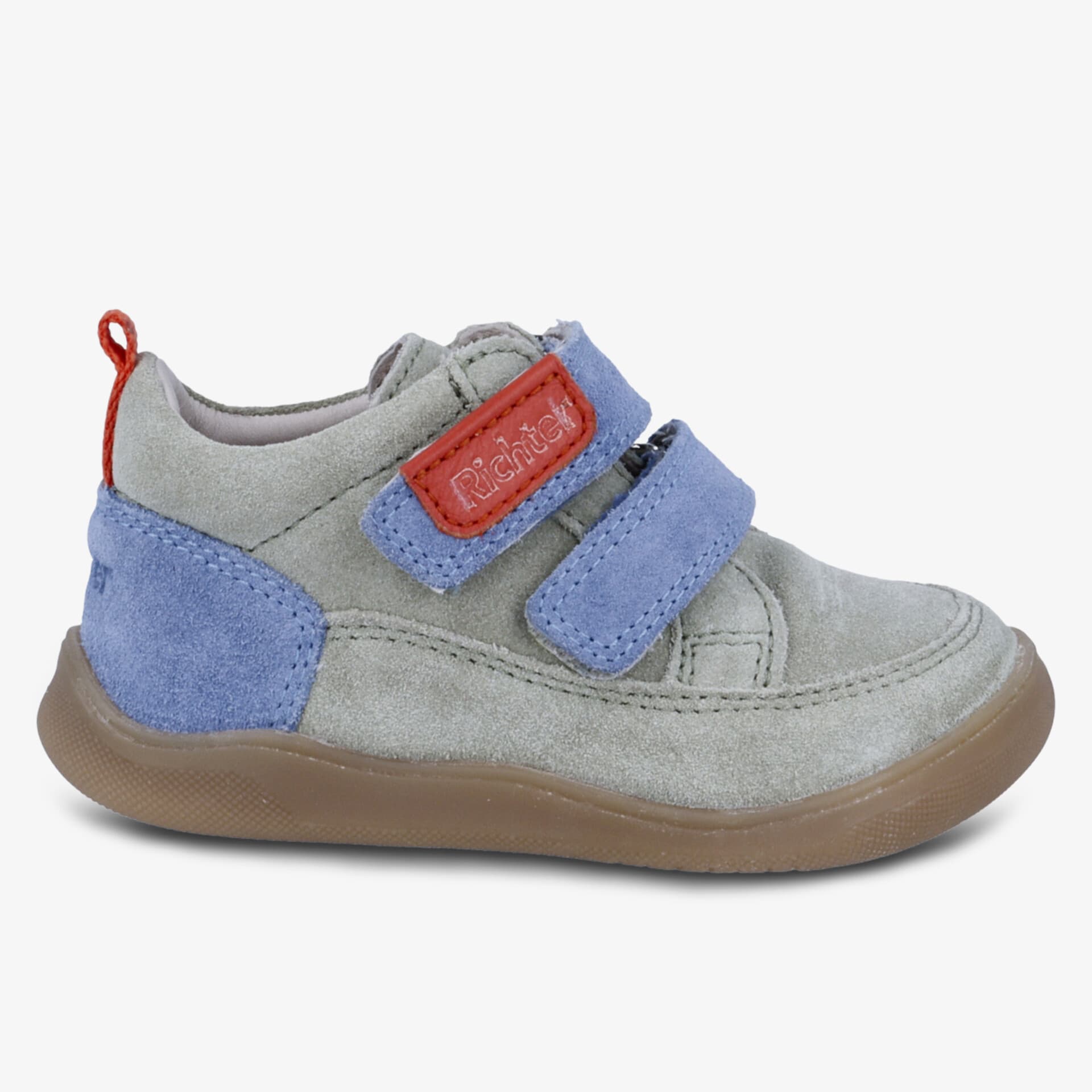 Elegante graue Schuhe mit blauen Klettverschlüssen und rutschfester Sohle