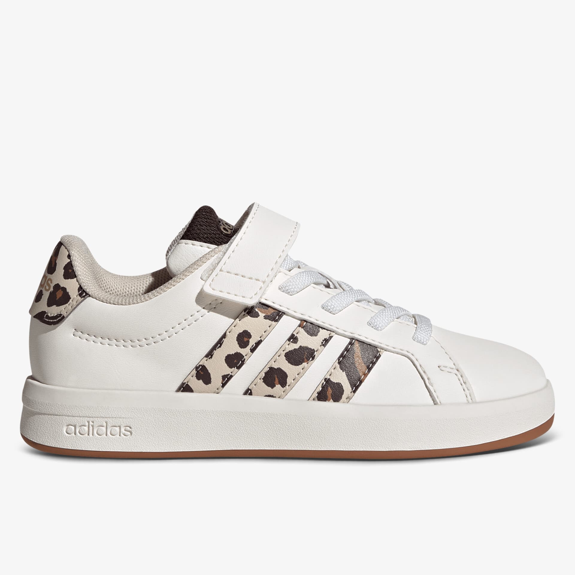 Moderner weißer Sneaker mit Leopardenmuster-Streifen und praktischem Klettverschluss, seitliche Ansicht