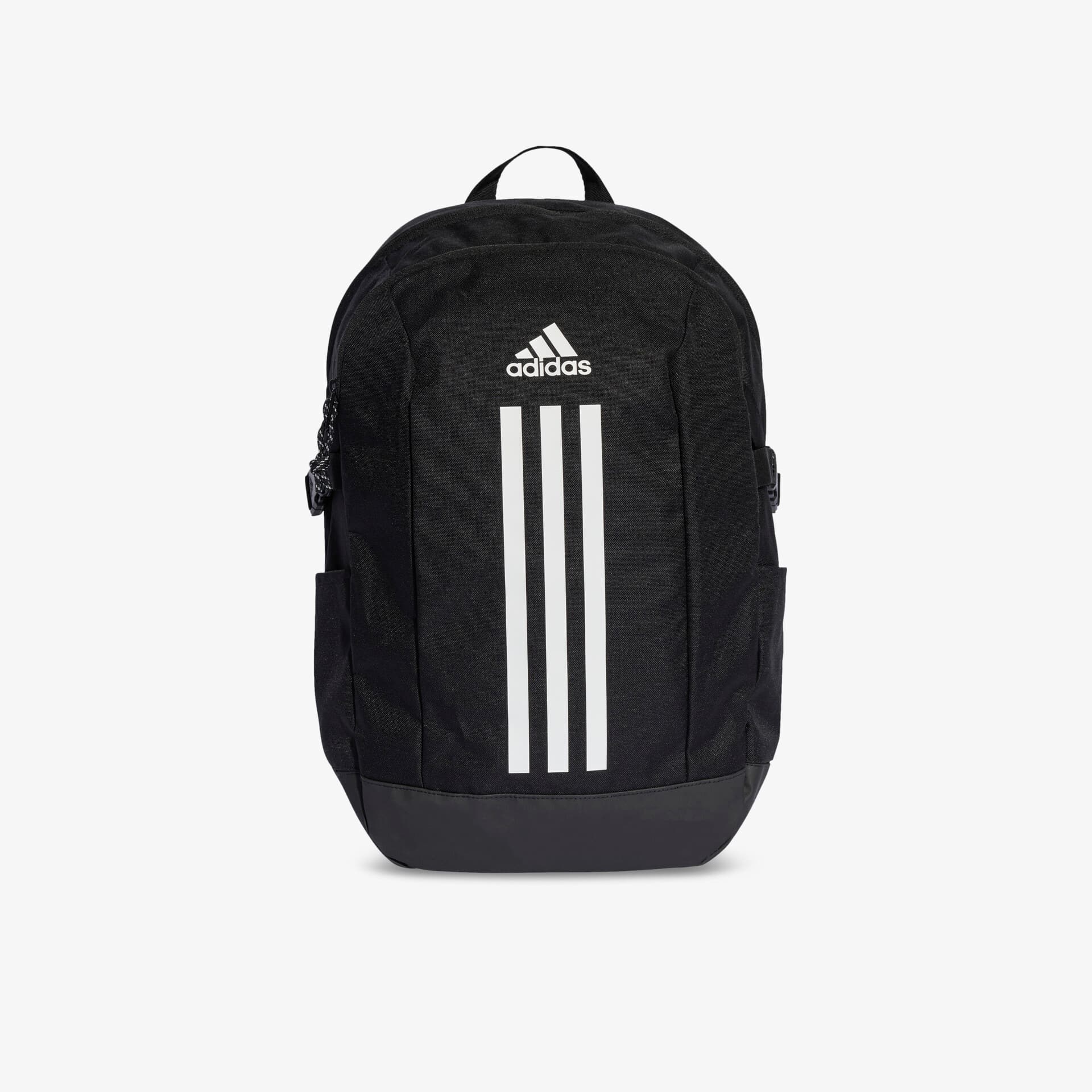 Schwarzer Adidas Rucksack mit reflektierenden Streifen, sportlichem Design und praktischem Tragegriff in Frontansicht