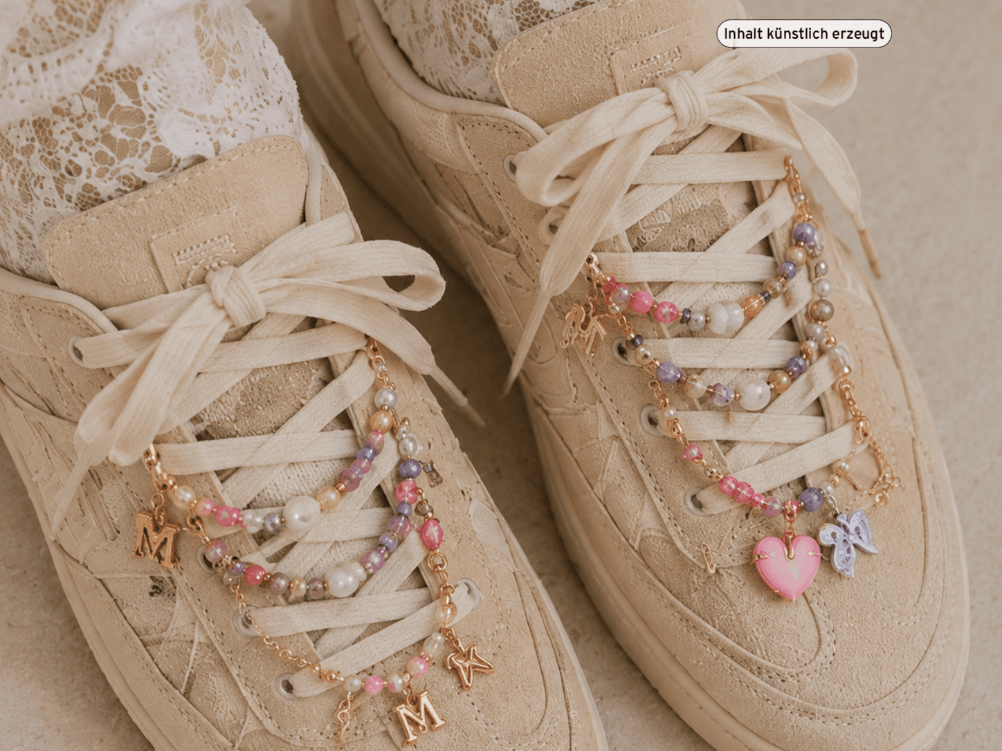 Beige sneakers with lace overlays and colorful beaded chains, featuring charms of a heart, butterfly, and letter "M," on lace-covered feet.