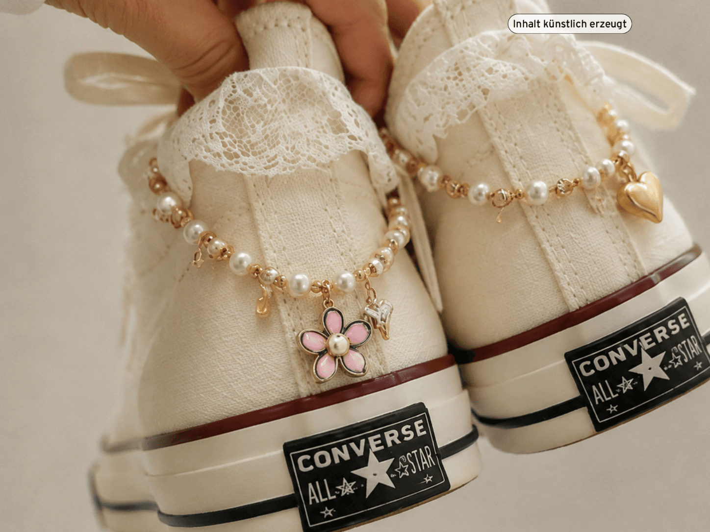 White Converse sneakers with lace trim and pearl charm anklets, featuring a pink flower and gold heart charm, held by a hand.