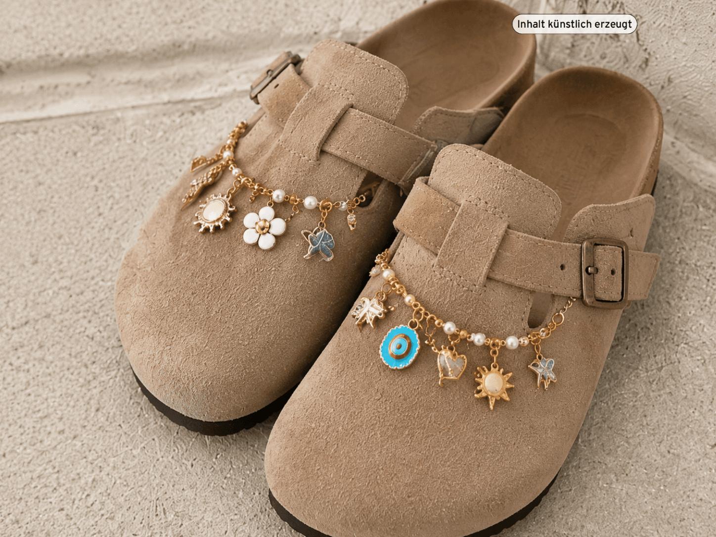 Brown suede clogs adorned with a golden chain featuring various charms, including flowers, sun shapes, and beads, resting on a textured surface.