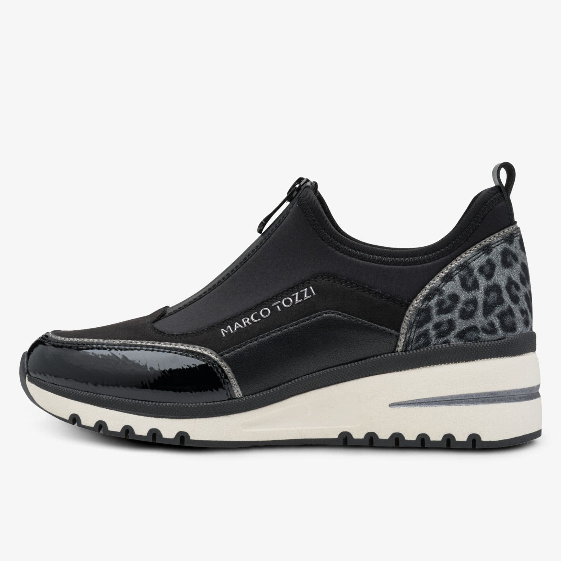 Black slip-on sneaker with glossy accents, leopard print heel detail, and "Marco Tozzi" branding on the side. White and black sole.