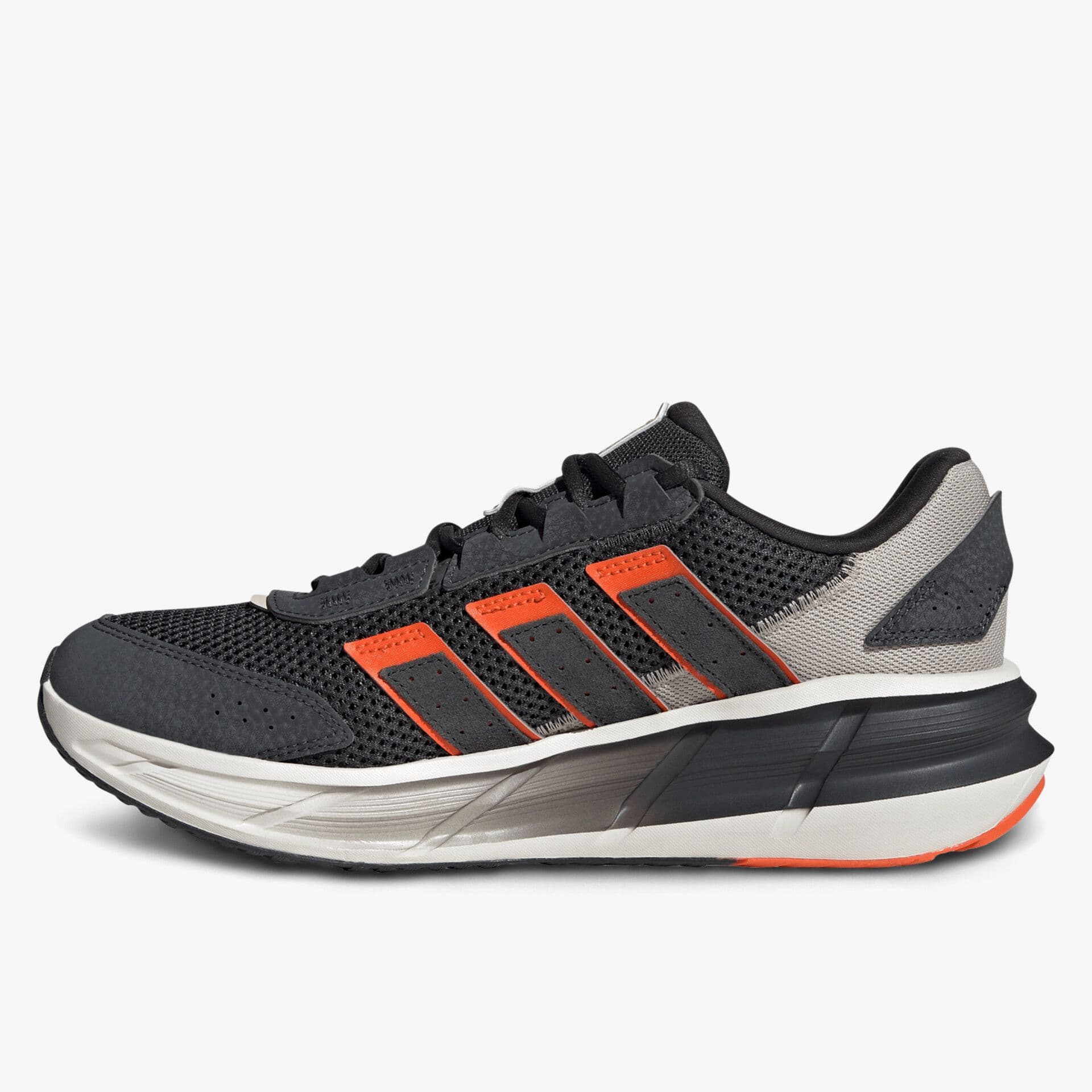 Black and gray running shoe with orange stripes and a white sole, featuring a mesh upper for breathability and a cushioned heel for support.