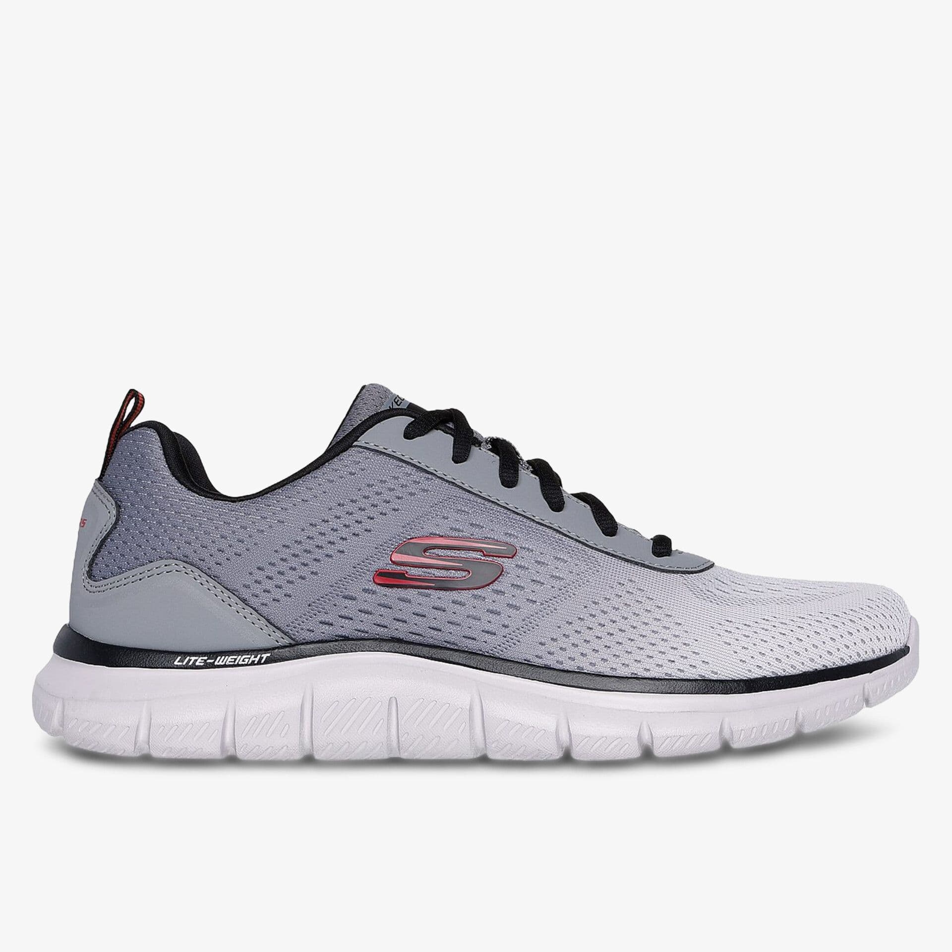 Gray and white athletic shoe with black laces, featuring a mesh upper and a cushioned sole. A red logo is visible on the side.