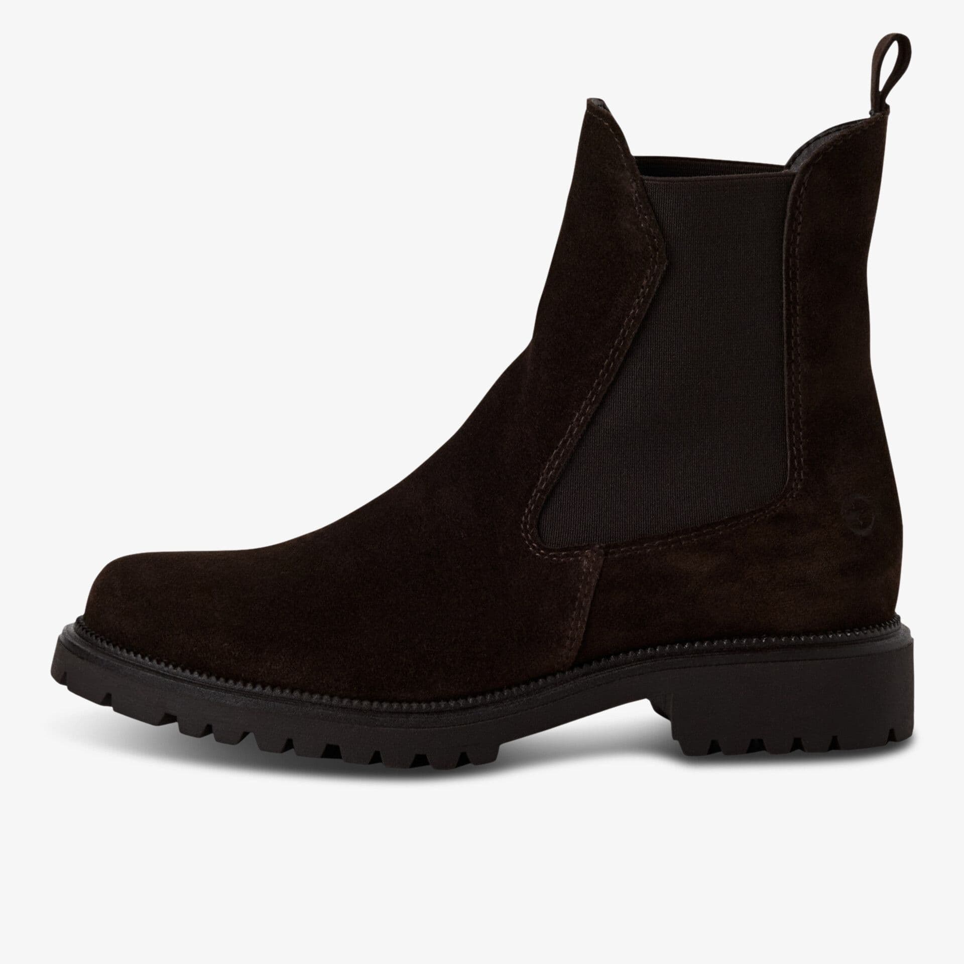 Dark brown suede Chelsea boot with a black elastic side panel, pull tab, and chunky sole on a white background.