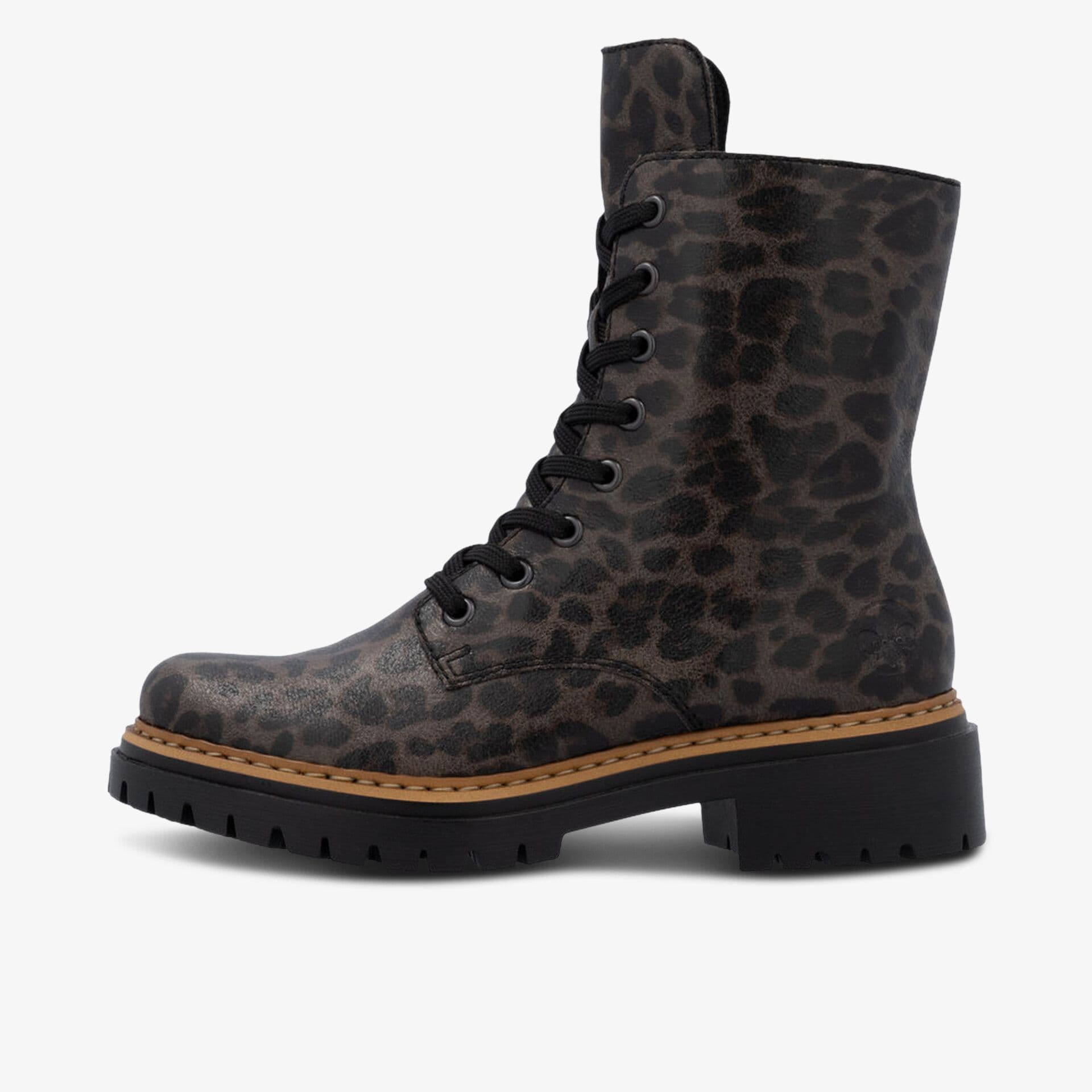 A leopard print lace-up boot with a chunky black sole and brown stitching, set against a plain white background.