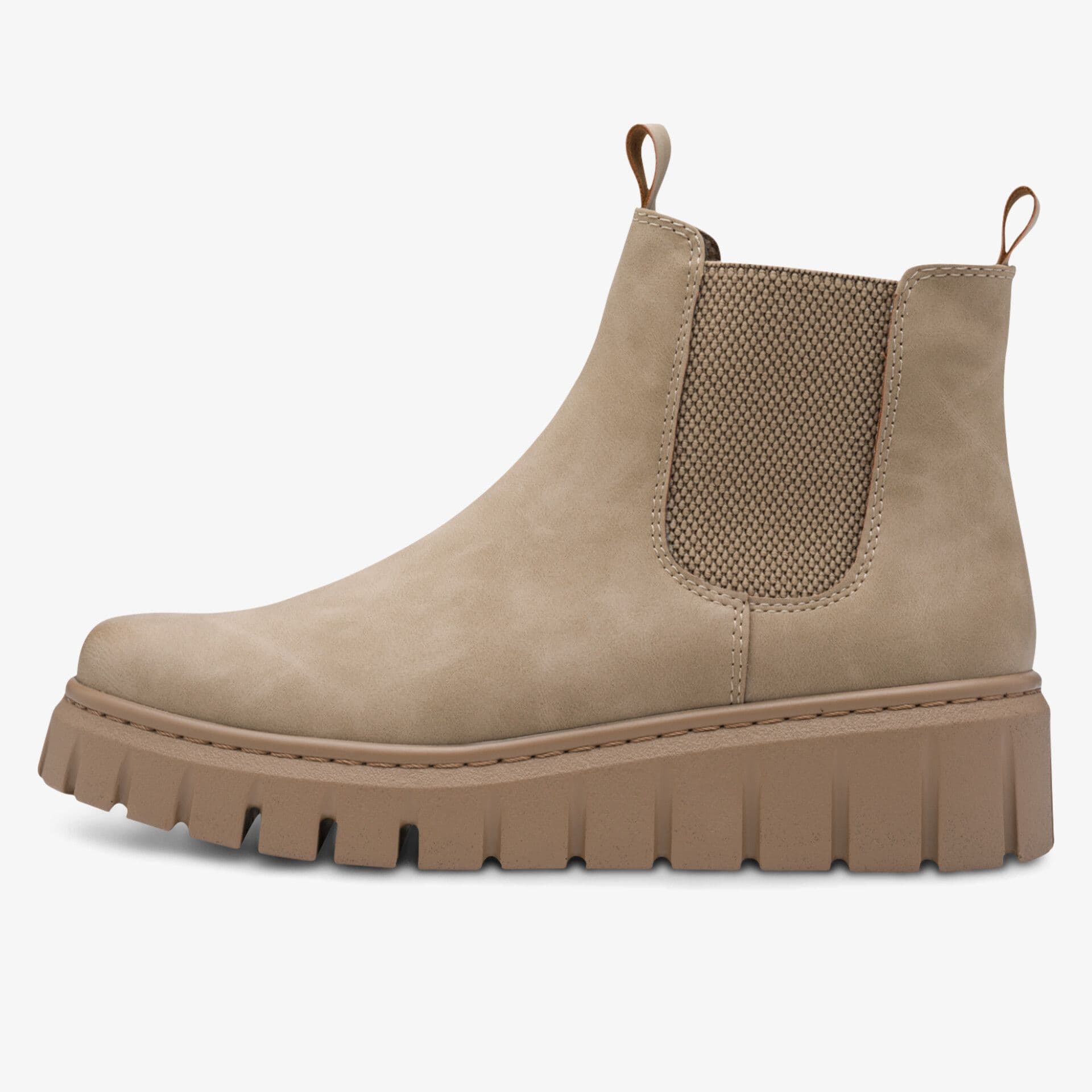 Beige suede Chelsea boot with thick, ribbed sole and elastic side panel. Pull tabs on front and back.