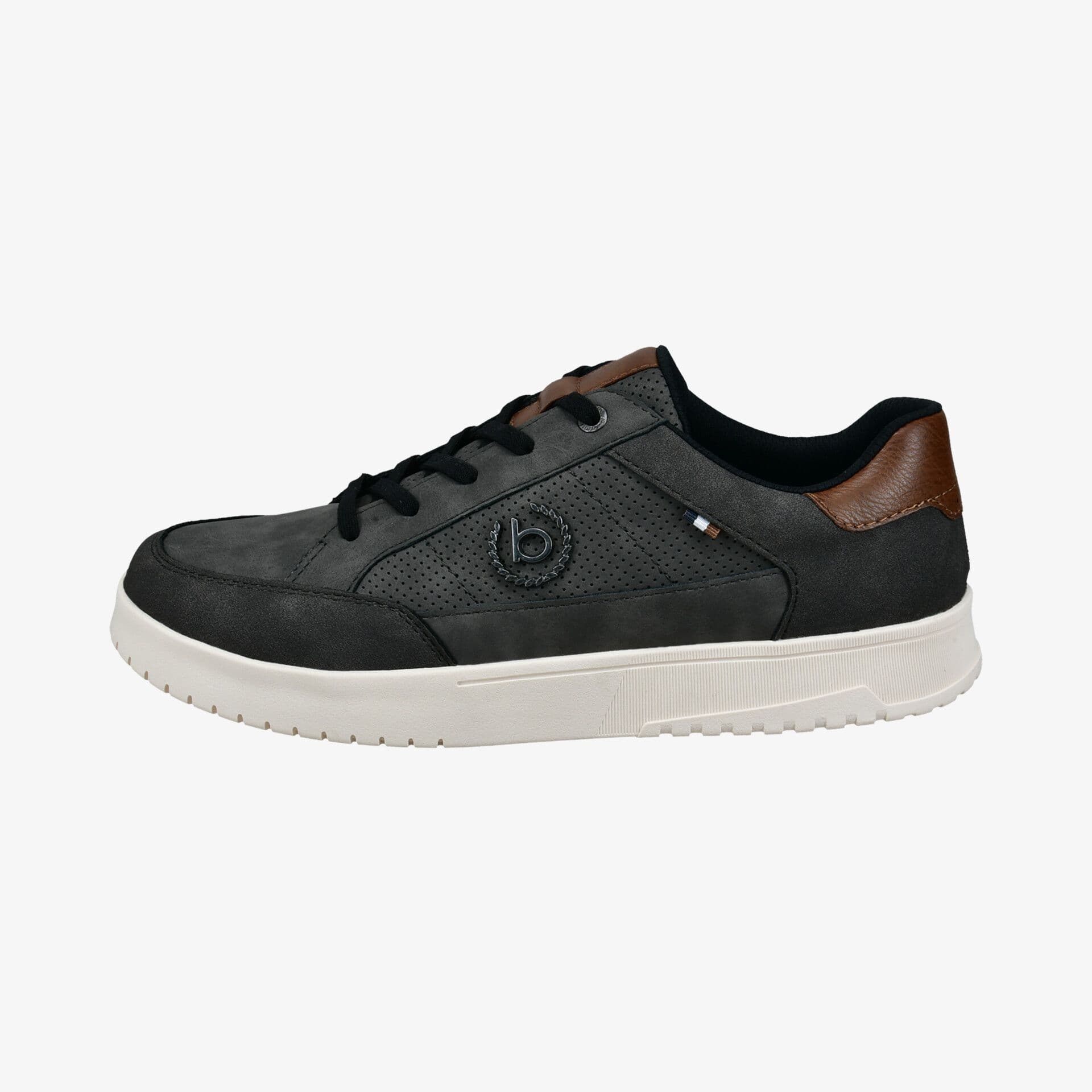 Dark gray sneaker with black laces, brown accents, perforated side panel, and white sole on a plain background.
