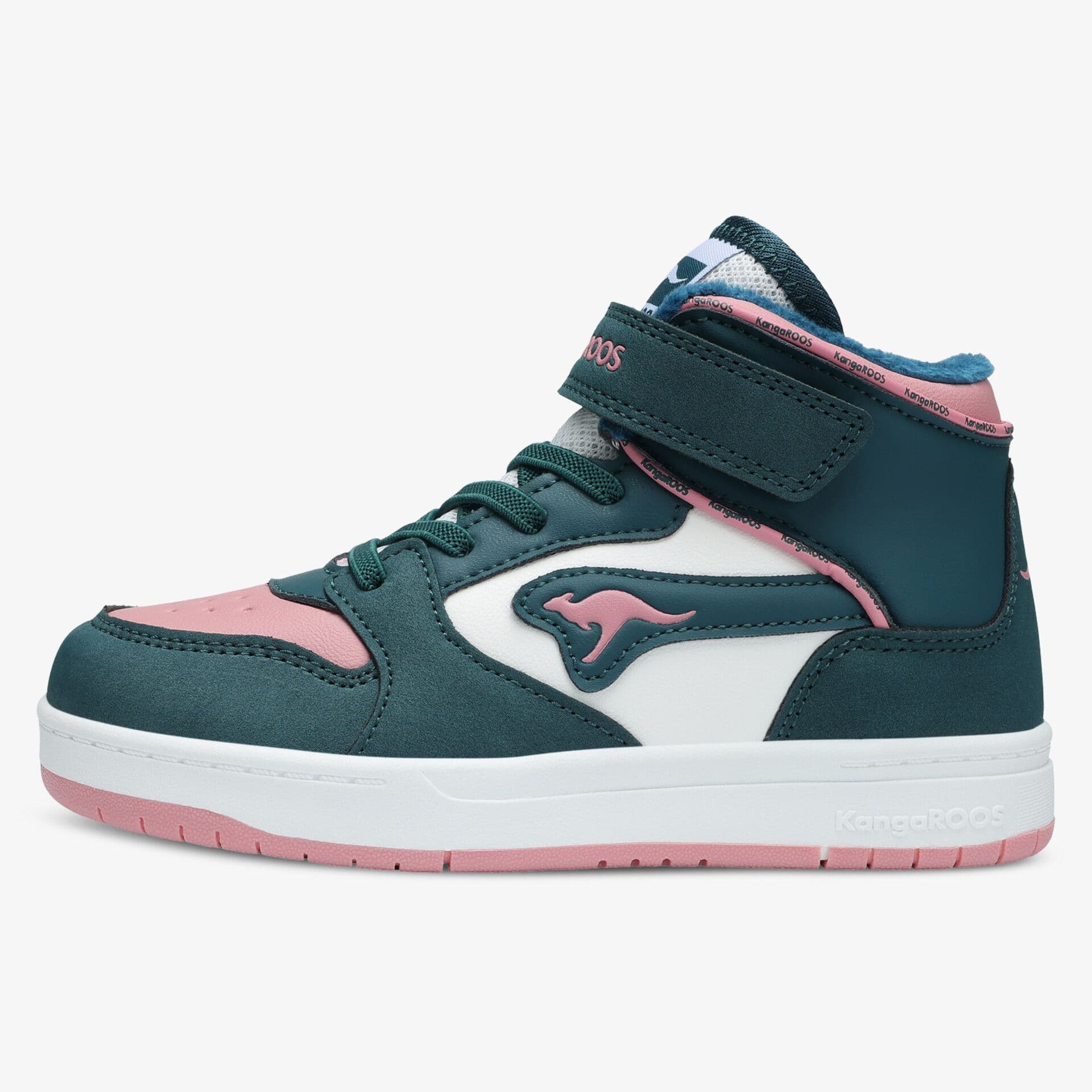 A high-top sneaker with teal, pink, and white panels, featuring a kangaroo logo on the side and a Velcro strap at the ankle.