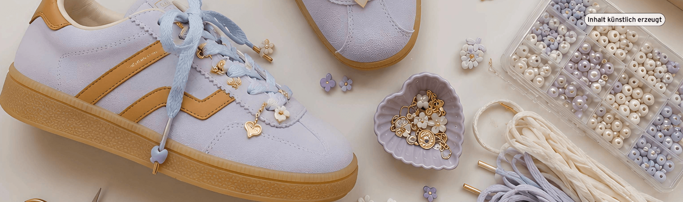 Pastel sneakers with decorative charms are surrounded by beads, floral embellishments, and crafting materials on a light background.