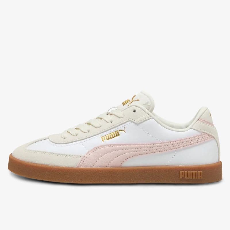 White and pink Puma sneaker with beige accents and a brown sole, featuring gold branding on the side and tongue.