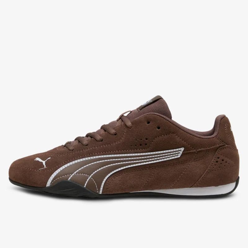 Brown suede sneaker with white detailing and logo, featuring a sleek silhouette and black sole.