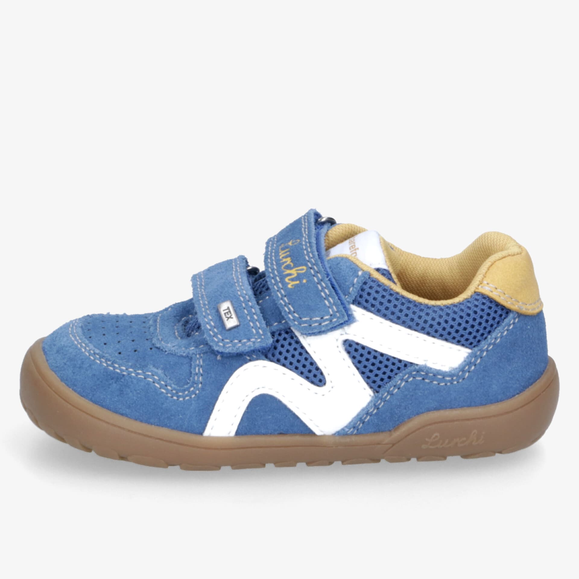 Blauer sportlicher Schuh mit praktischem Klettverschluss, flexibler rutschfester Sohle und atmungsaktivem Material vorne gezeigt