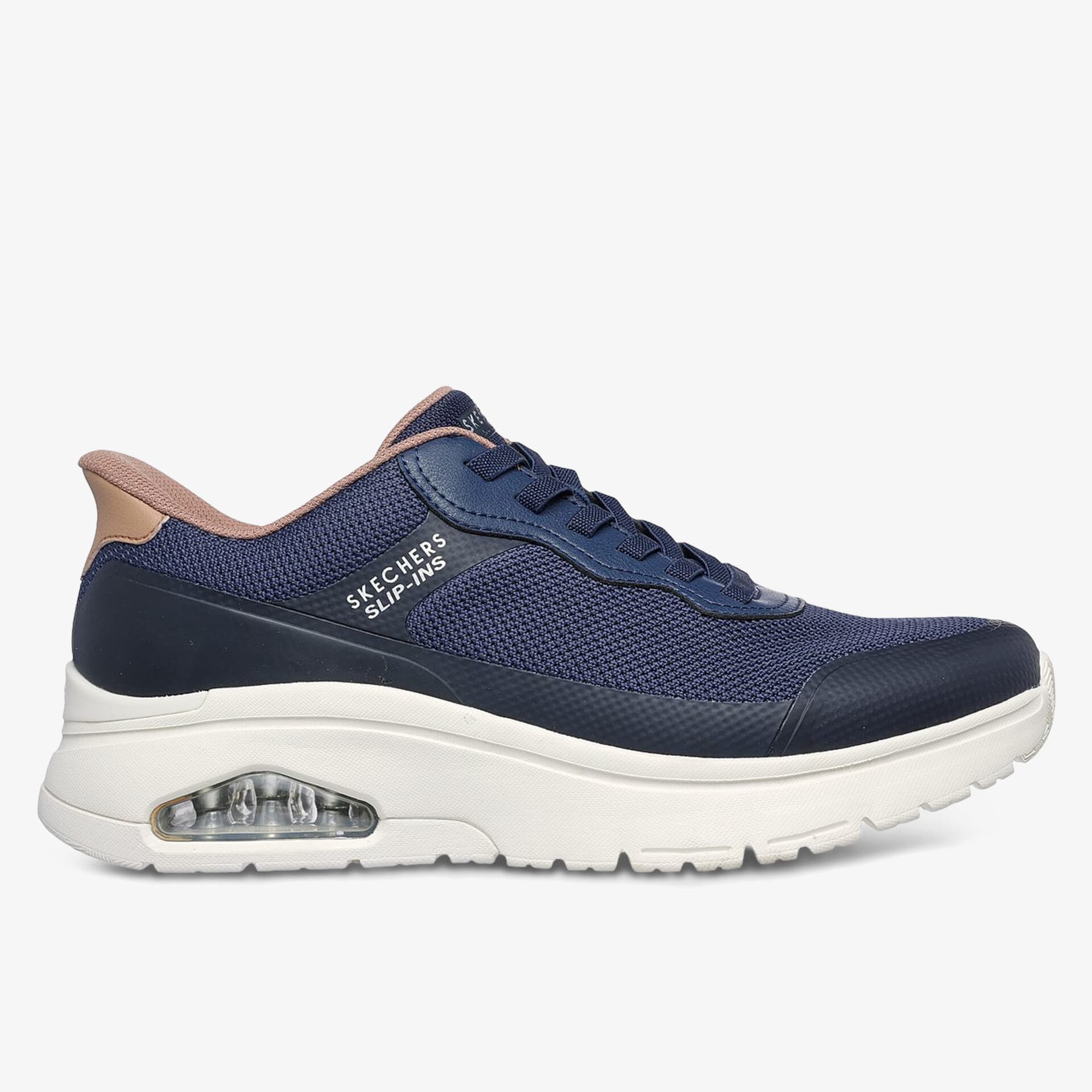 Moderner blauer Sneaker mit weißer Sohle und gepolsterter Ferse, ideal für Komfort und Stil.