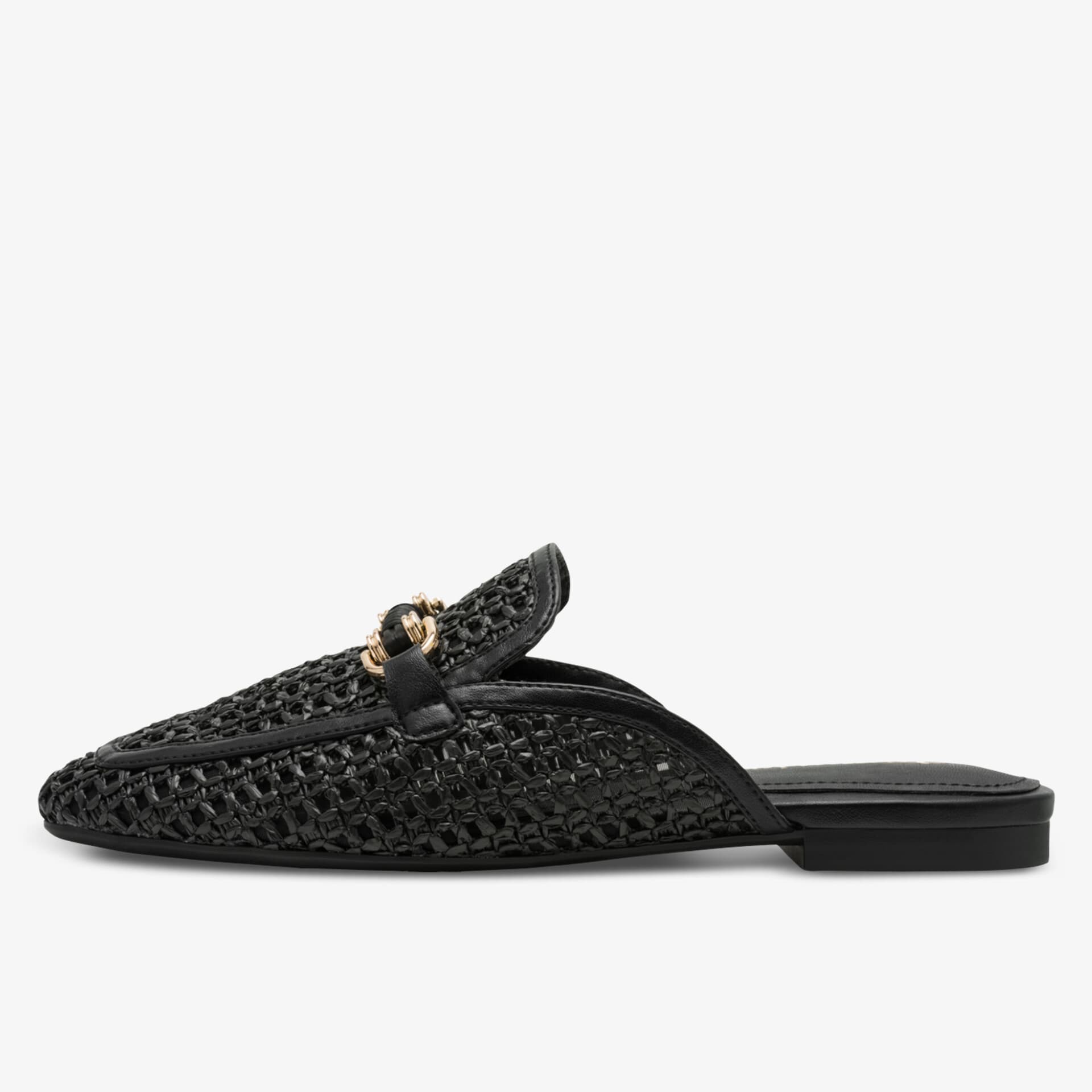 Geflochtener schwarzer Slip-On mit flacher Sohle und elegantem Schmuckdetail, bequem und modisch